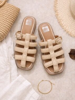 Dolce Vita Raffia Woven Sandals Buckle Slide Coastal Resort 8.5
